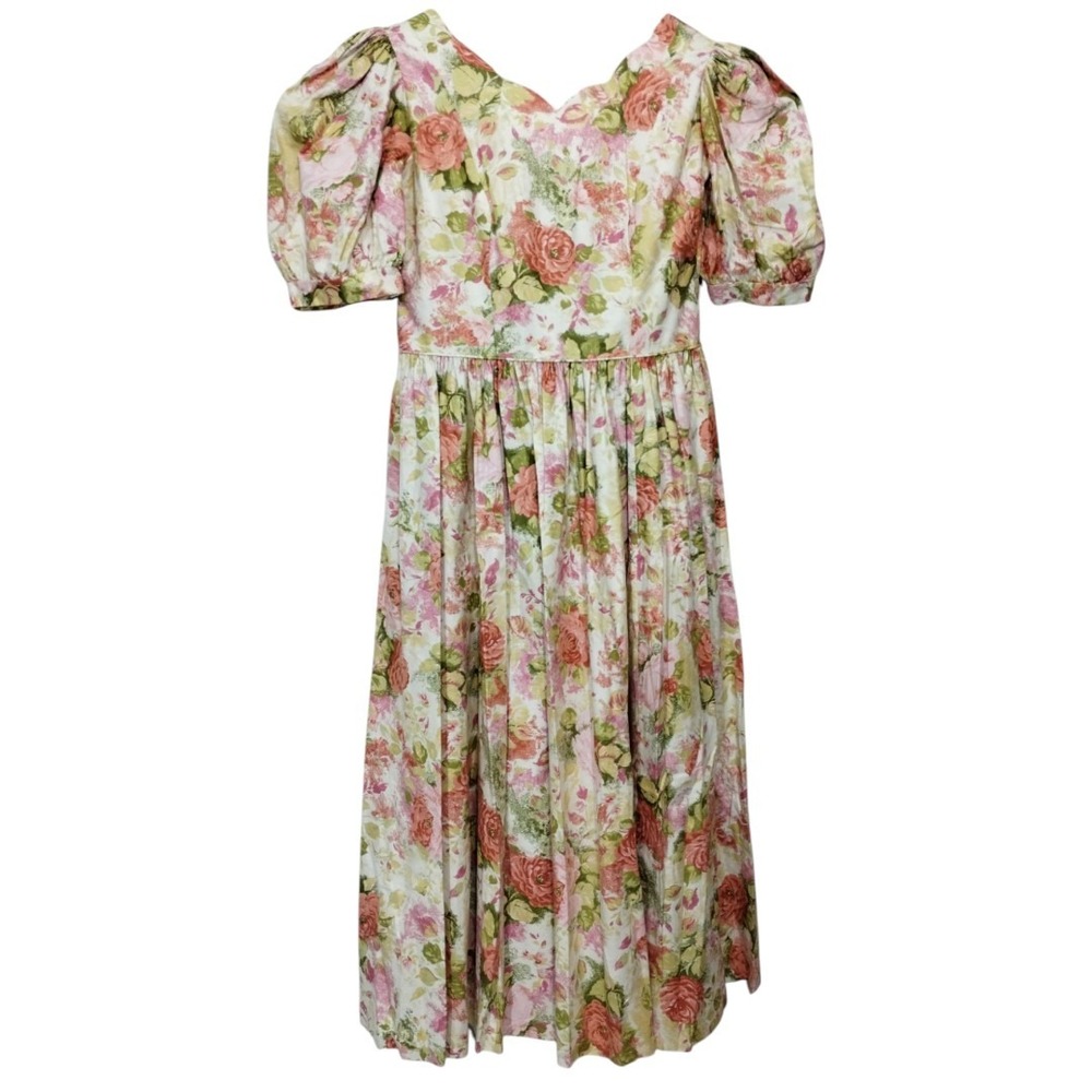Laura Ashley Scalloped Bow Cottage Core Prairie‎ Midi Dress Gardening Open Back